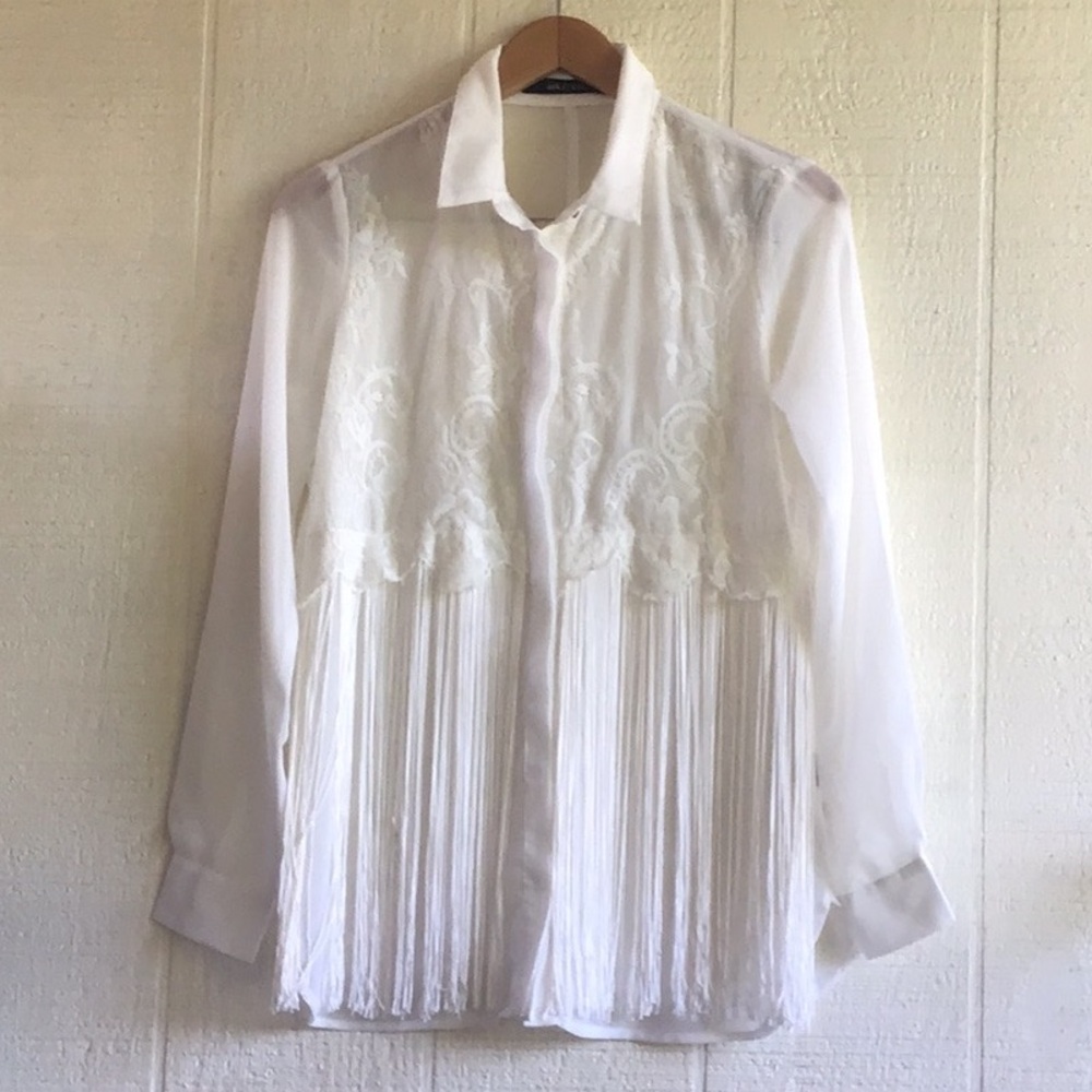 Ark & Co. laced White Fringe Button-Up long sleeve gold studs Shirt